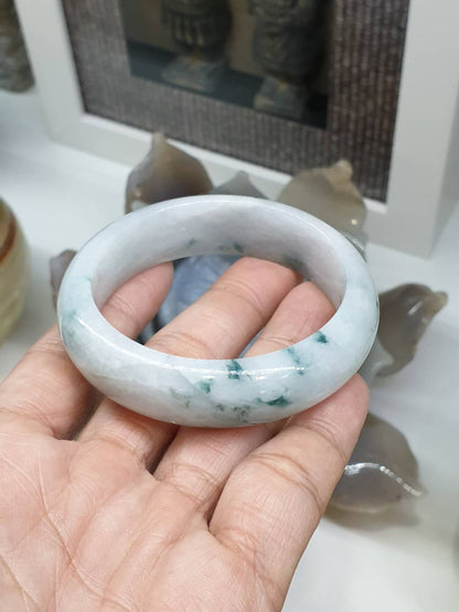 White Jade Everyday Bangle S55 Natural Green Dots Type A Myanmar Jadeite