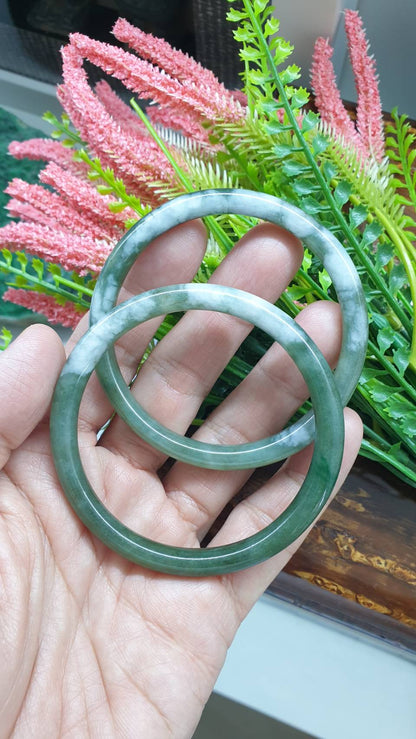 Paired Cylindrical Jade Bangles S58.5 Type A Marbled Green Myanmar Jadeite