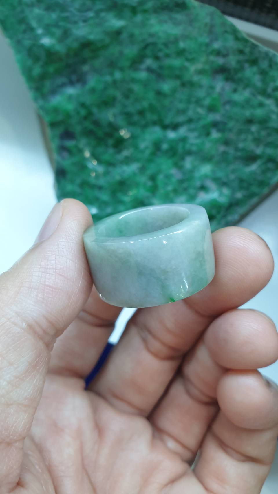 Green Jade Archers Ring 9US Elegant Gray Tone Type A Natural Myanmar Jadeite