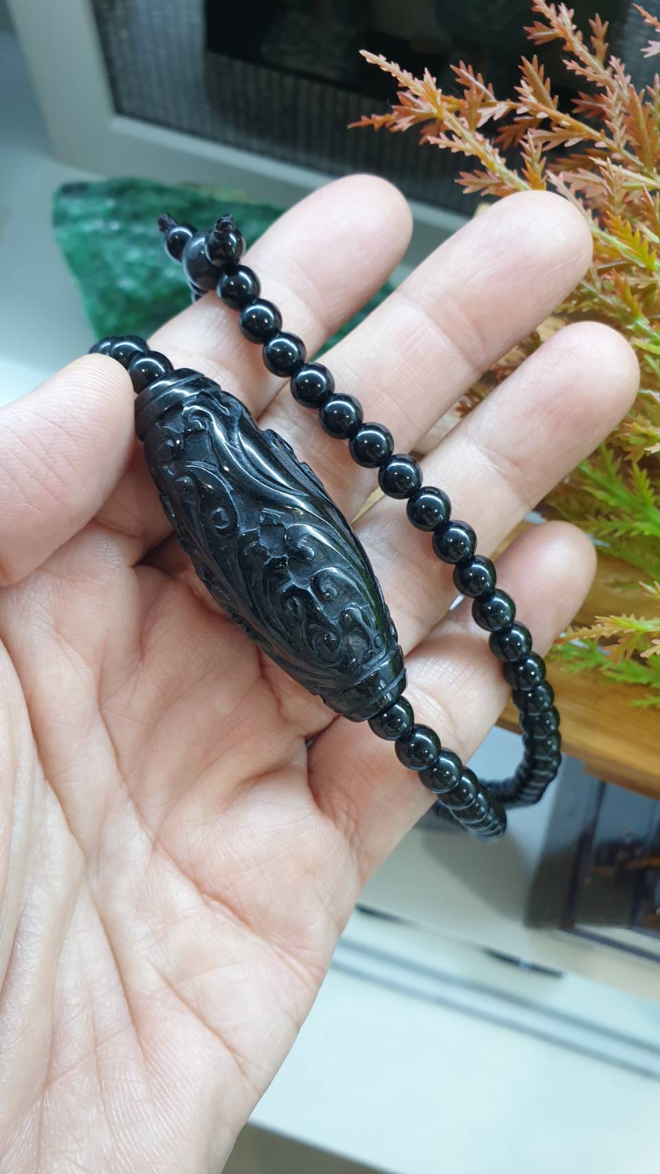 Black Jade Ru Yi Matinee Necklace 28inch Type A Natural Myanmar Jadeite