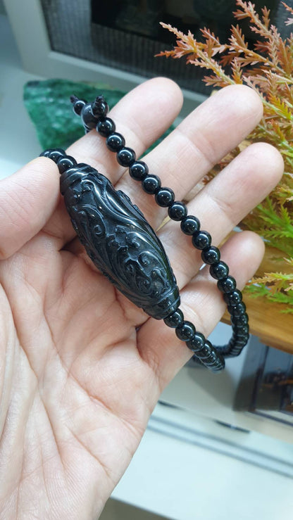 Black Jade Ru Yi Matinee Necklace 28inch Type A Natural Myanmar Jadeite