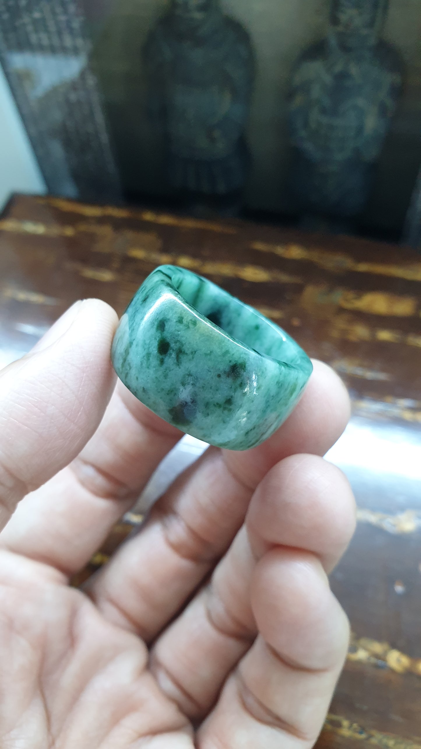 Type A Natural Jadeite Domed Ring Grayish Green Striated - US Size 13