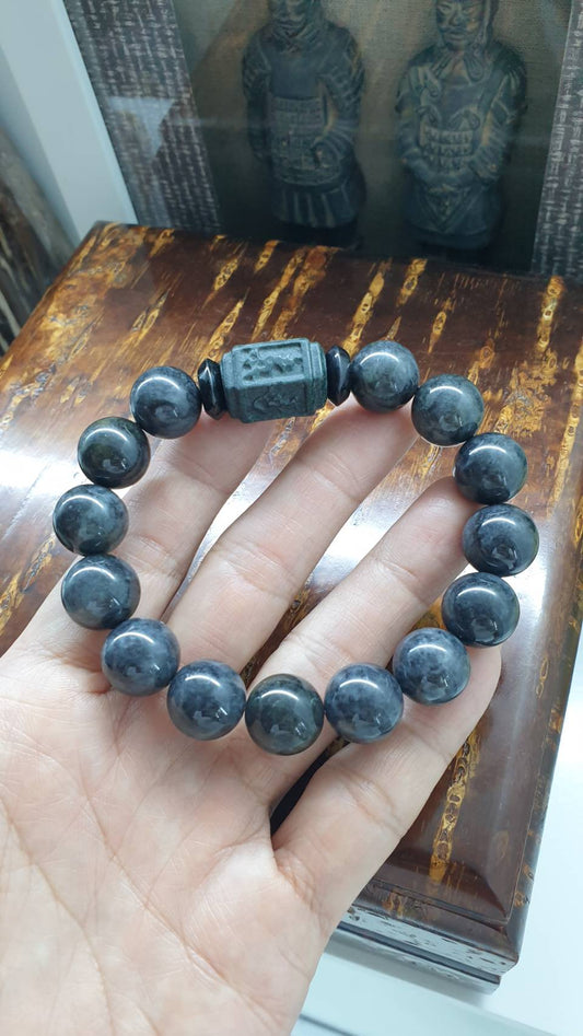 Black Jade Om Mani Padme Hum Bracelet (18 cm) | Type A Natural Jade | Gift Idea for Him 🎁