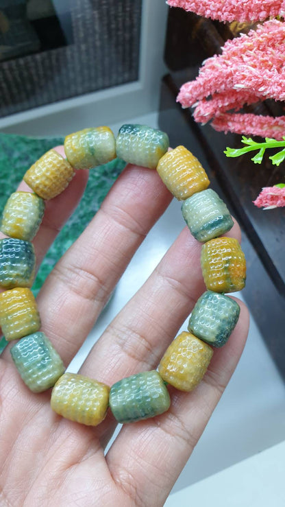 Honey Blue Jade Bracelet 17cm Type A Myanmar Jadeite Two Toned Barrel Beads