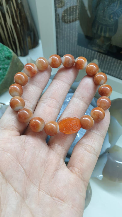 Red Jade Good Fortune Bracelet (17 cm) | 4-Leaf Clover Cylinder Charm | Type A Natural Jadeite