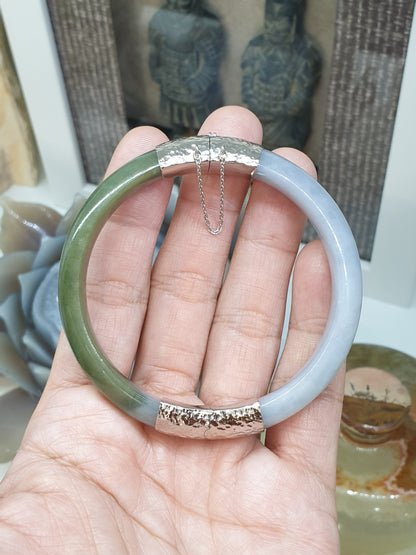 Lavender-Green Jade Split Bangle (S 60) | Sterling Silver | Type A Natural Jadeite | Eye Candy Wrist Accessory for Him or Her