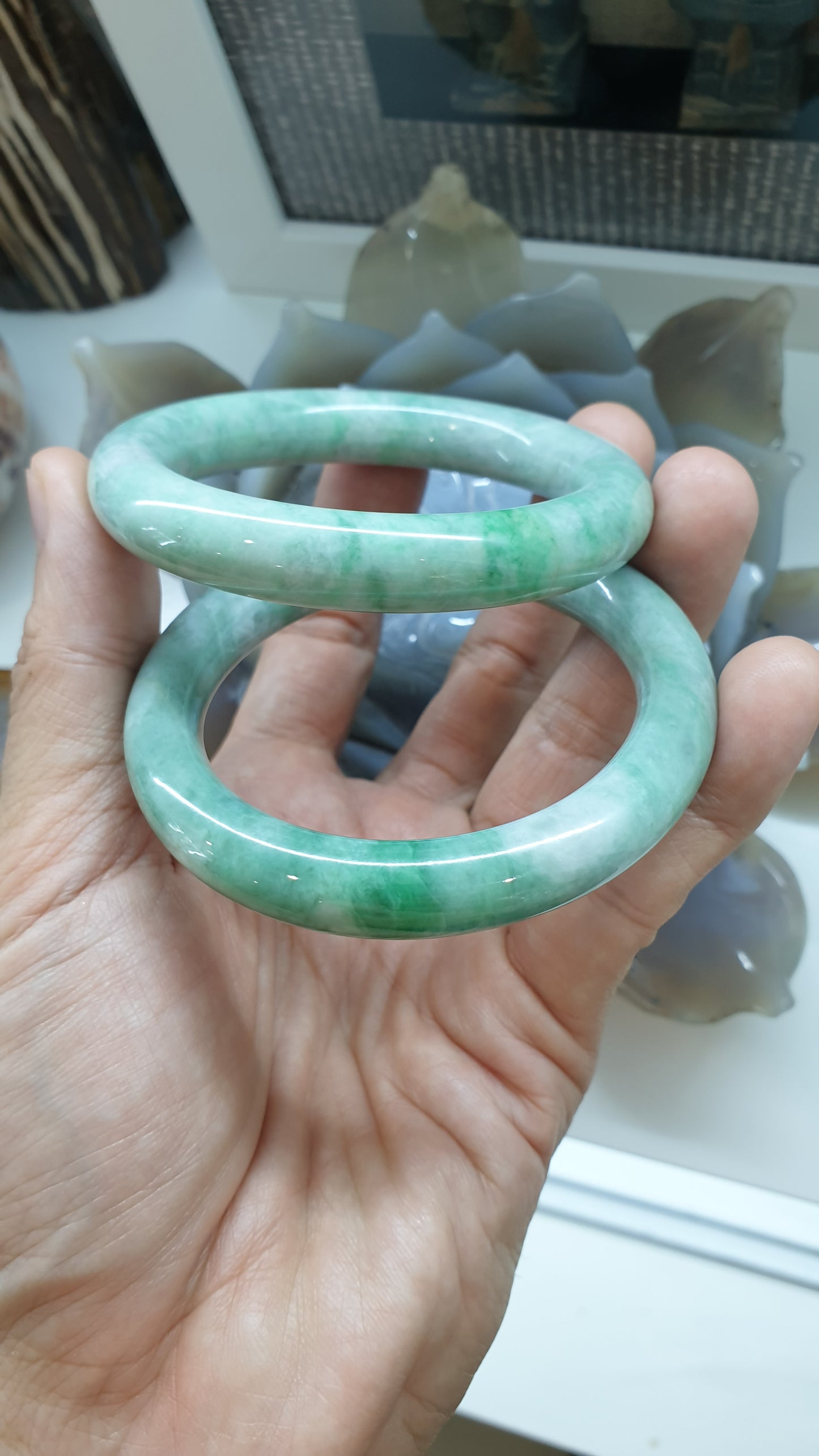 Paired Vintage Jade Cylindrical Bangles S56 Authentic Myanmar Green Jadeite