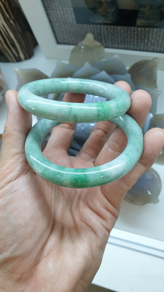 Paired Vintage Jade Cylindrical Bangles S56 Authentic Myanmar Green Jadeite