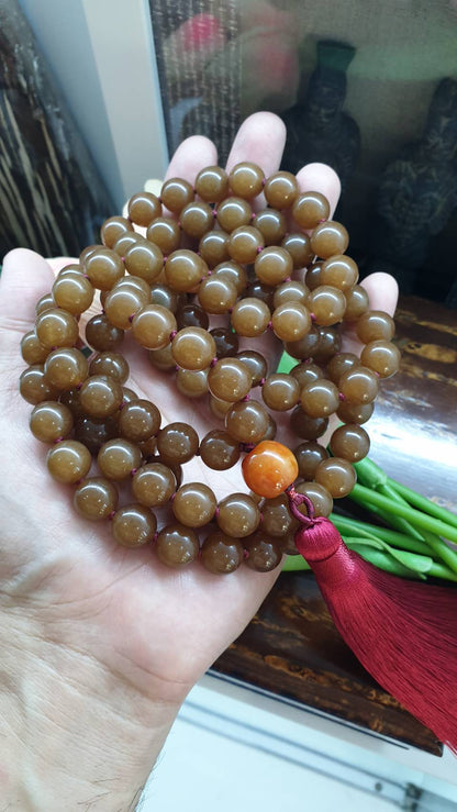 108 Brown Jade Beads Japa Mala - Handcrafted Meditation Beads