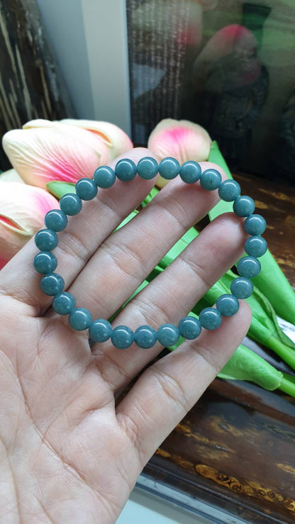 Olmec Blue Jade 17cm Bracelet Natural Guatemala Jadeite 7.5mm Beads