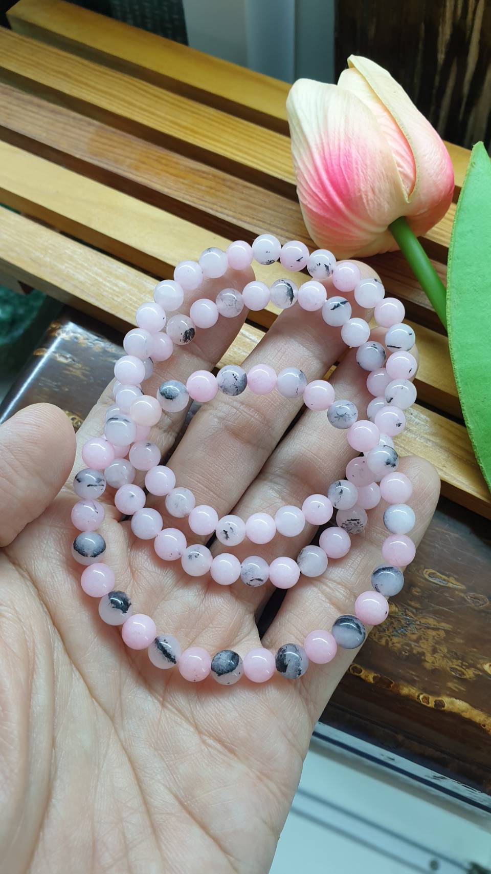 Natural Pink Opal Bracelets 17 cm - Dendritic Gemstone Beads 6.5 mm