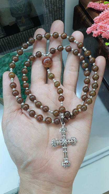 Brown Jade Rosary 27in Type A Natural Myanmar Jadeite Sterling Silver Cross