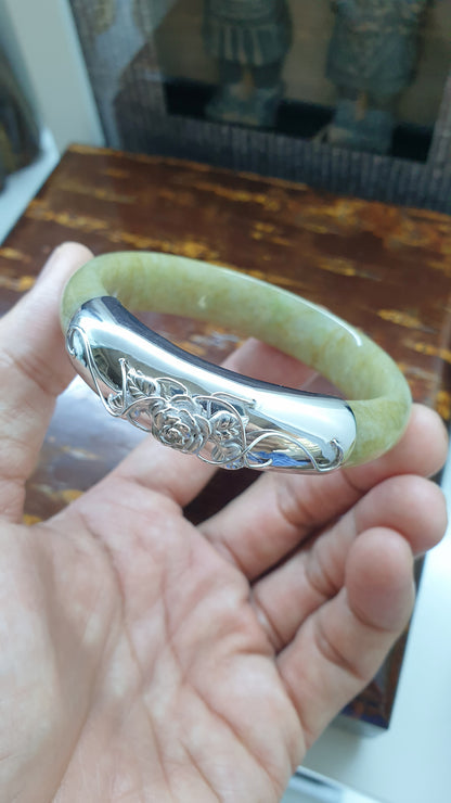 Une Rose Honey Jade Bangle (S 57 - 58) | Fei Cui Type A Jadeite & Sterling Silver | Statement Wrist Accessory