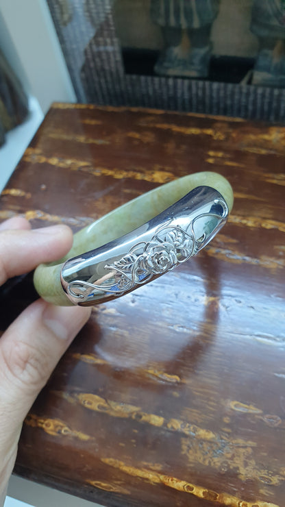 Une Rose Honey Jade Bangle (S 57 - 58) | Fei Cui Type A Jadeite & Sterling Silver | Statement Wrist Accessory