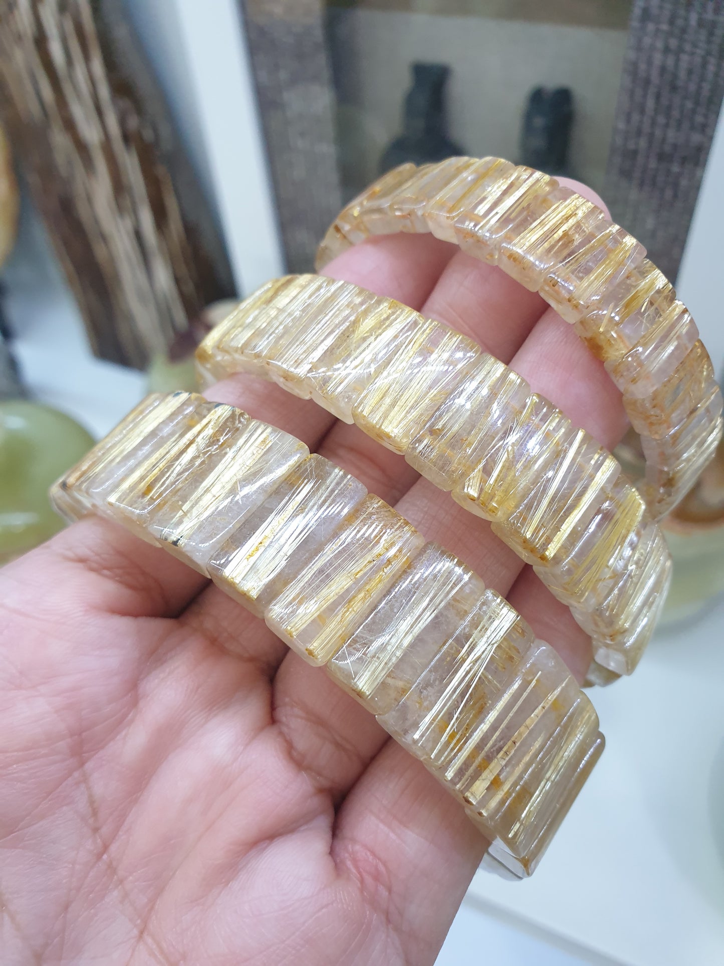 Golden Rutilated Quartz Stretch Bangles, Natural Gemstone Beads