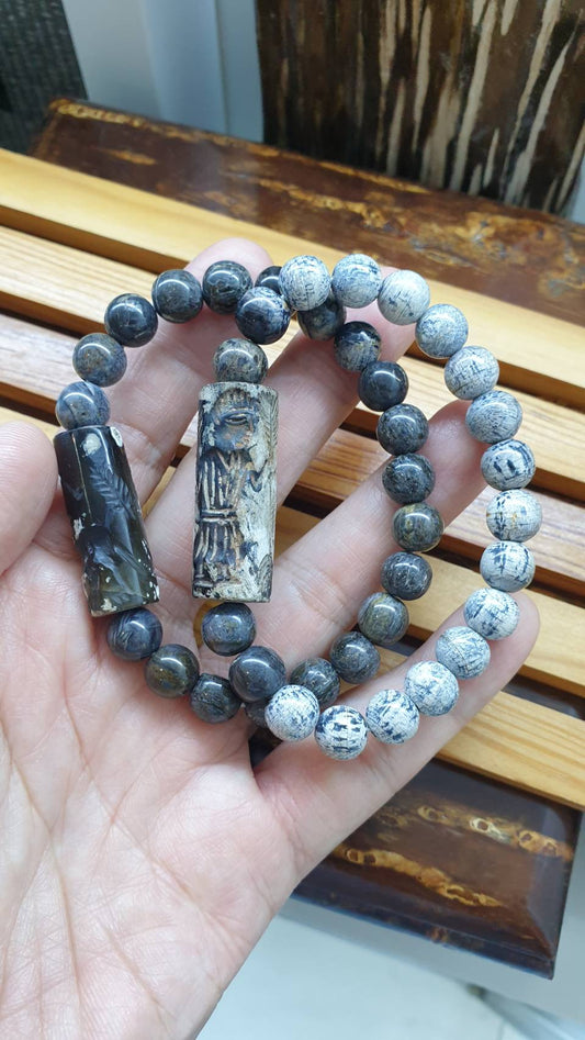 Vintage Intaglio Stamp Cylinder on Stegodon Fossil Beads Bracelet 17cm Natural Stones