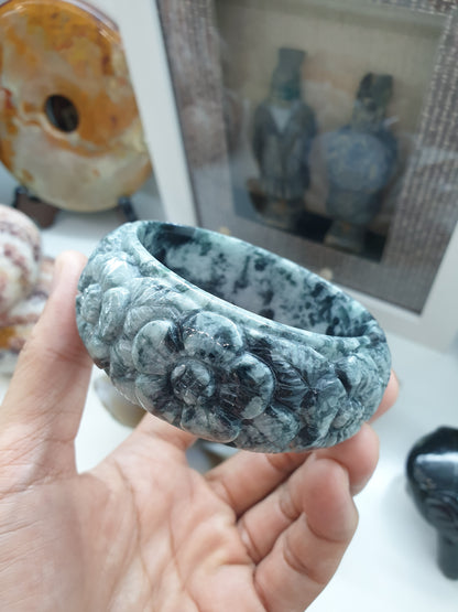 Carved Jade Floral Bangle S62.5 Type A Natural Jadeite Marbled Blue Gray
