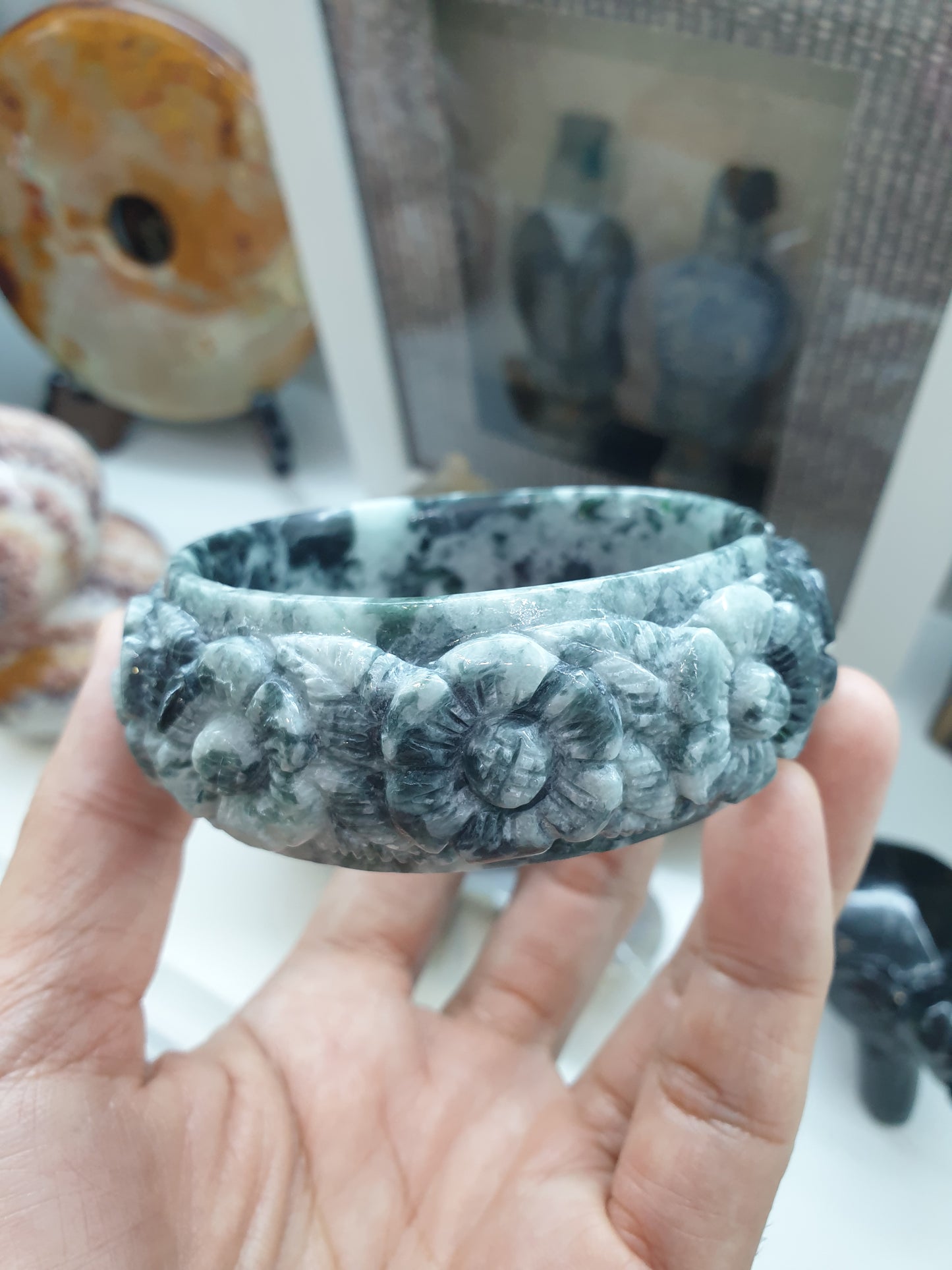 Carved Jade Floral Bangle S62.5 Type A Natural Jadeite Marbled Blue Gray