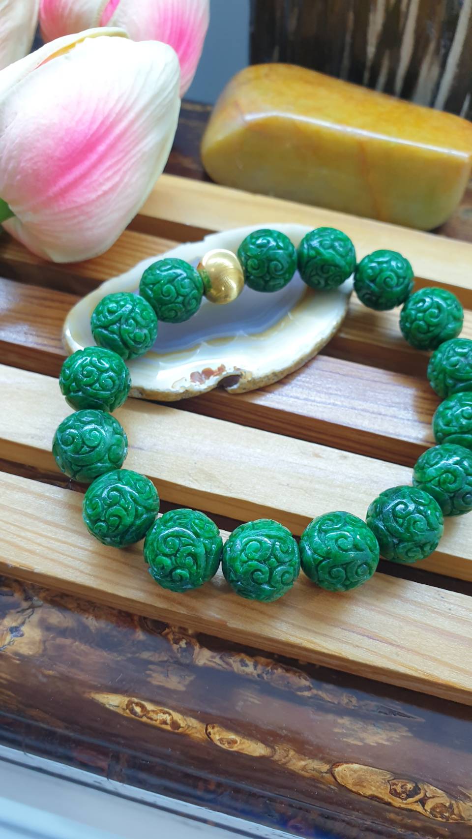 24K Gold Fei Cui Green Jade Ru Yi Beads Bracelet 17cm Type A Natural Myanmar Jadeite