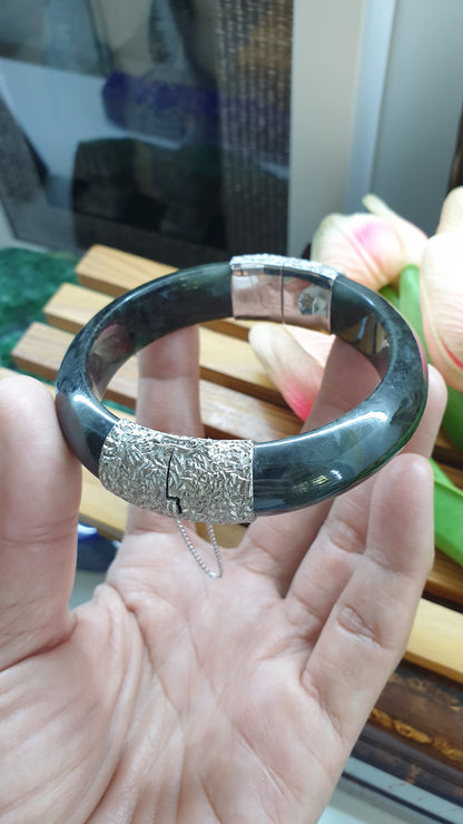 Jade Split Bangle S63 Natural Black Type A Myanmar Jadeite Sterling Silver Designer Locks