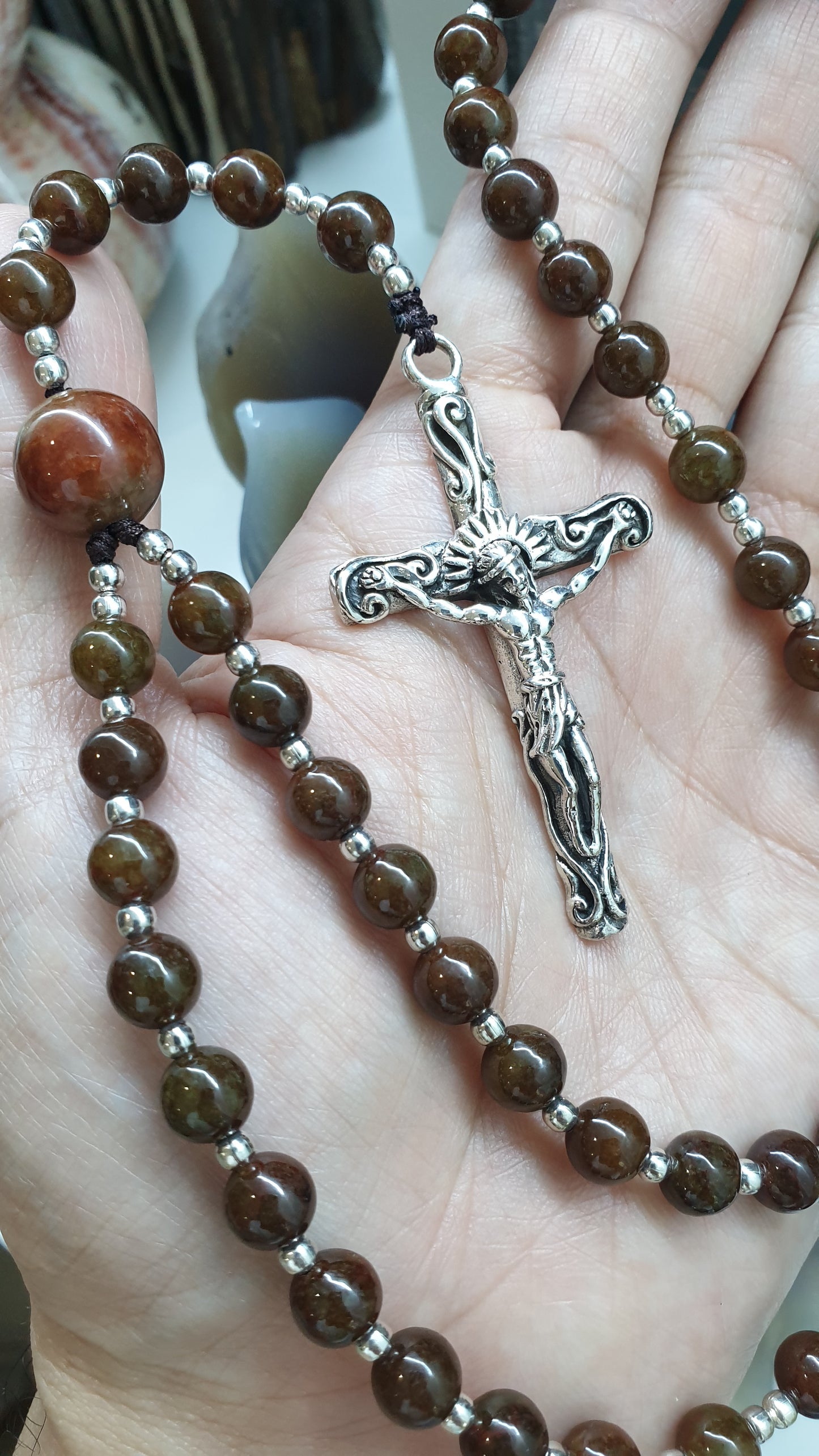 Brown Jade Rosary - 29 inch - Natural Jadeite Vintage Beads - Sterling Silver Crucifix