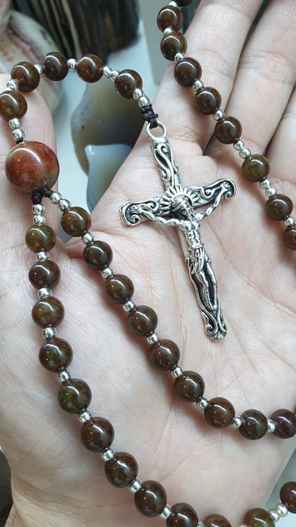 Brown Jade Rosary - 29 inch - Natural Jadeite Vintage Beads - Sterling Silver Crucifix