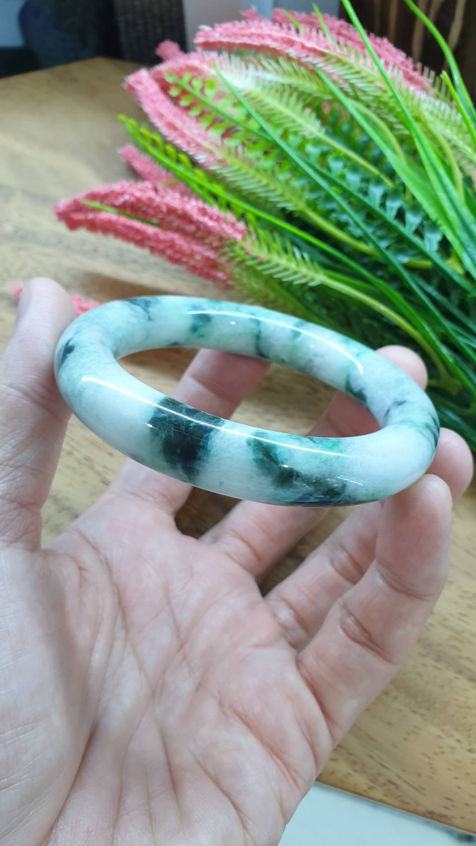 Jade Cylindrical Bangle S57.5 Marbled Green Fei Cui Type A Natural Jadeite