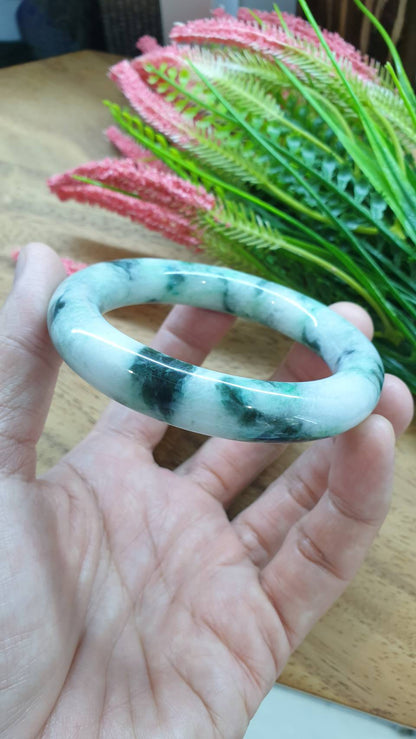 Jade Cylindrical Bangle S57.5 Marbled Green Fei Cui Type A Natural Jadeite