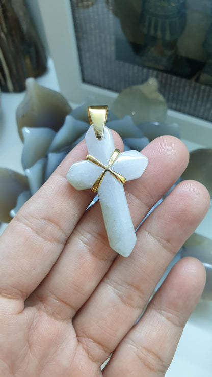 White Jade Cross Pendant | Solid 14K Gold | Type A Authentic Jadeite