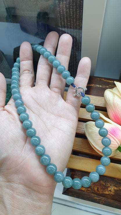 Blue Jade Beaded Choker 16inch 9K White Gold Type A Natural Jadeite