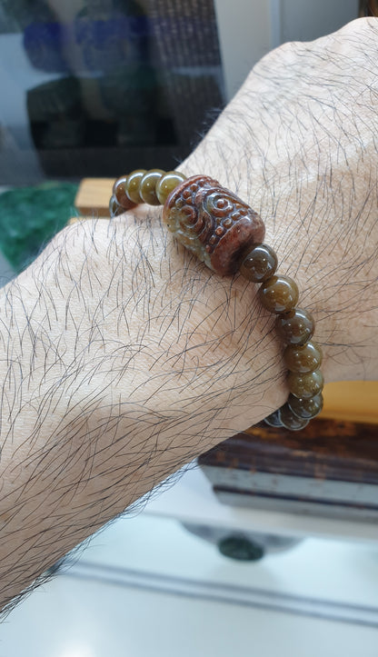 Vintage Brown Jade Wish Fulfilling Bracelet 17cm Ru Yi Cylinder Charm Natural Jadeite