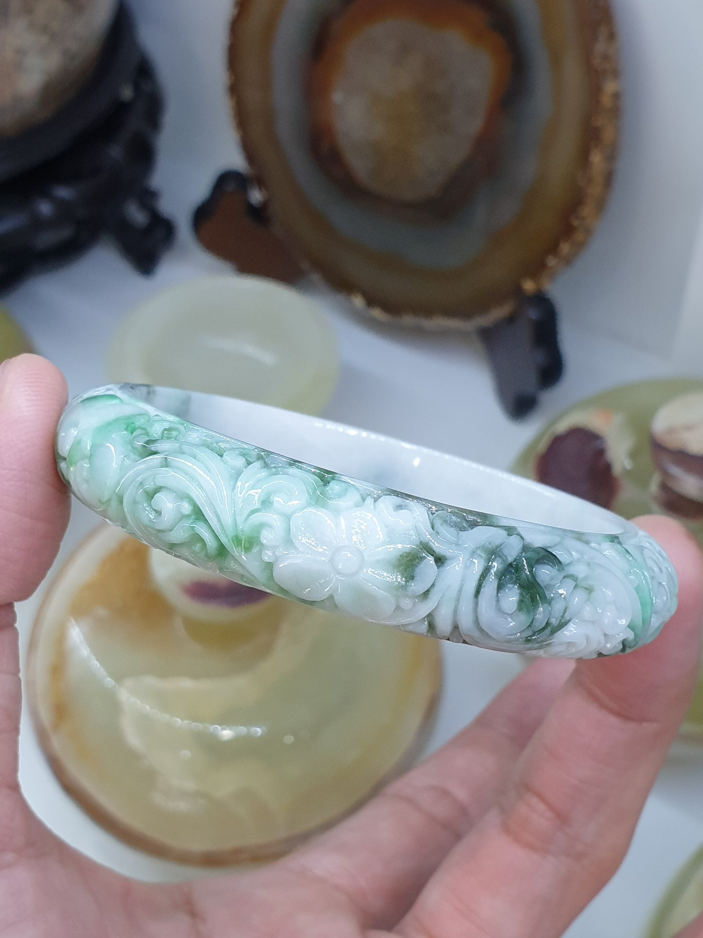 Carved Jade Floral Bangle S58.5 Type A Burma Jadeite Natural Moss in Snow