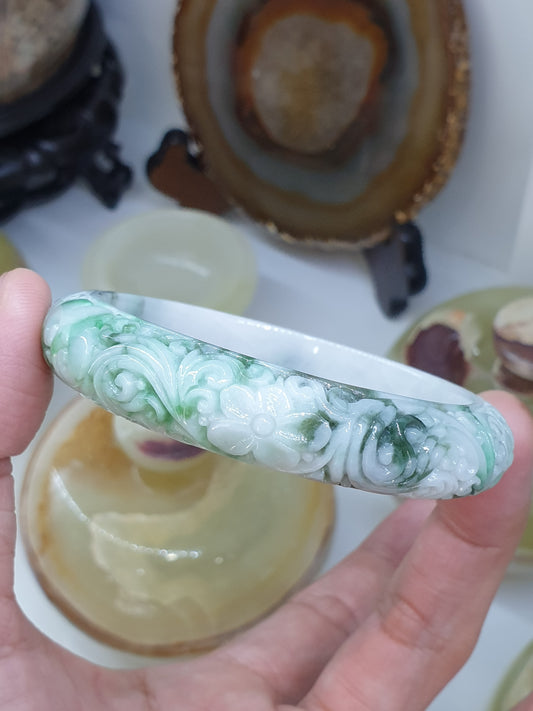 Moss in Snow Jade Floral Bangle (Size 58.5) | Type A Natural Jadeite | Fortune Wrist Accessory