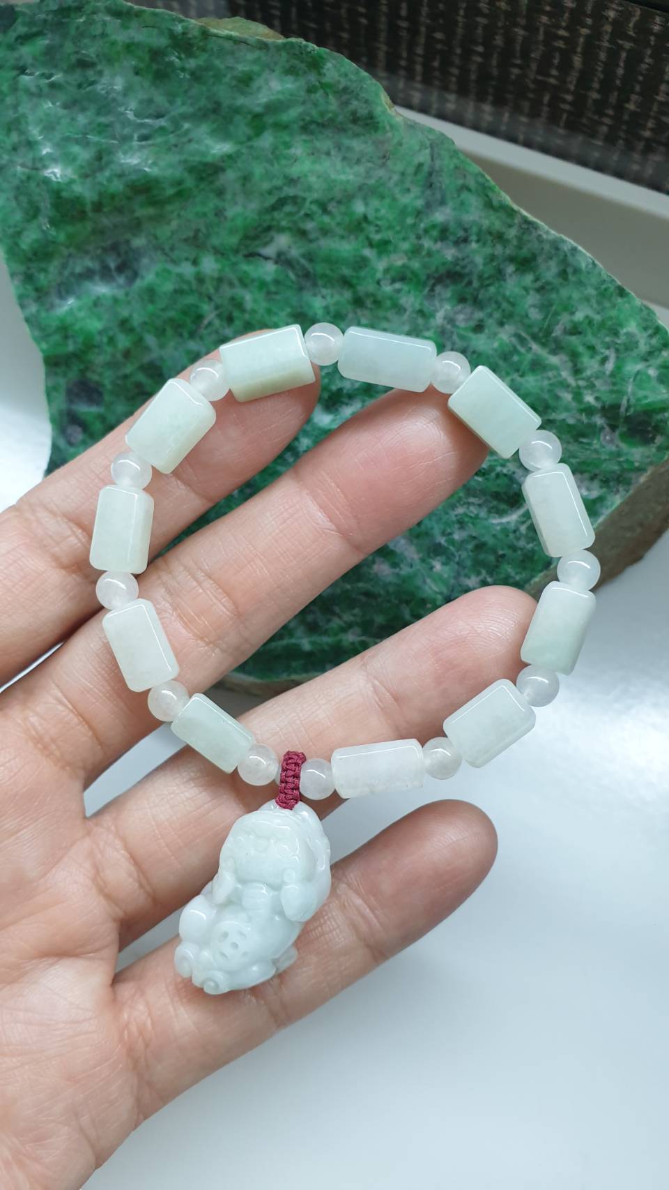 White Jade Pixiu Charm Bracelet 17cm Myanmar Type A Jadeite Cylinder Beads