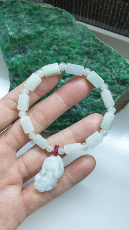 White Jade Pixiu Charm Bracelet 17cm Myanmar Type A Jadeite Cylinder Beads