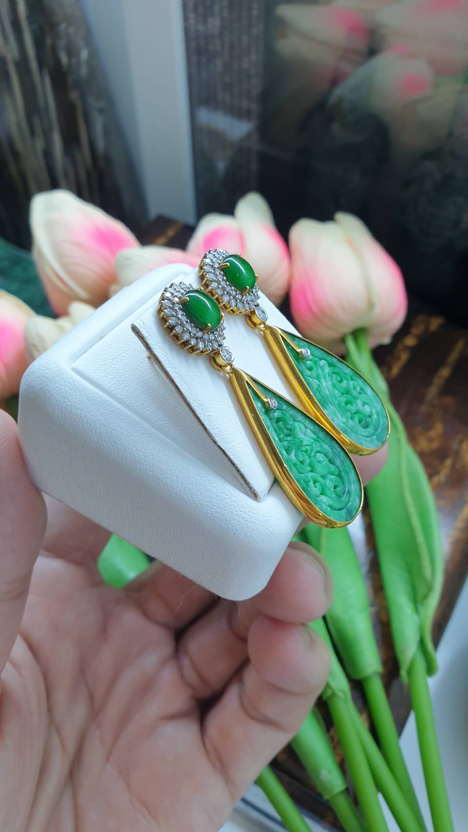 Ru Yi Jade Drop Earrings | Solid 18K Gold + Diamonds | Type A Natural Green Jadeite