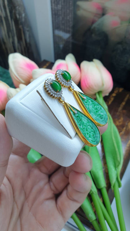 Ru Yi Jade Drop Earrings | Solid 18K Gold + Diamonds | Type A Natural Green Jadeite