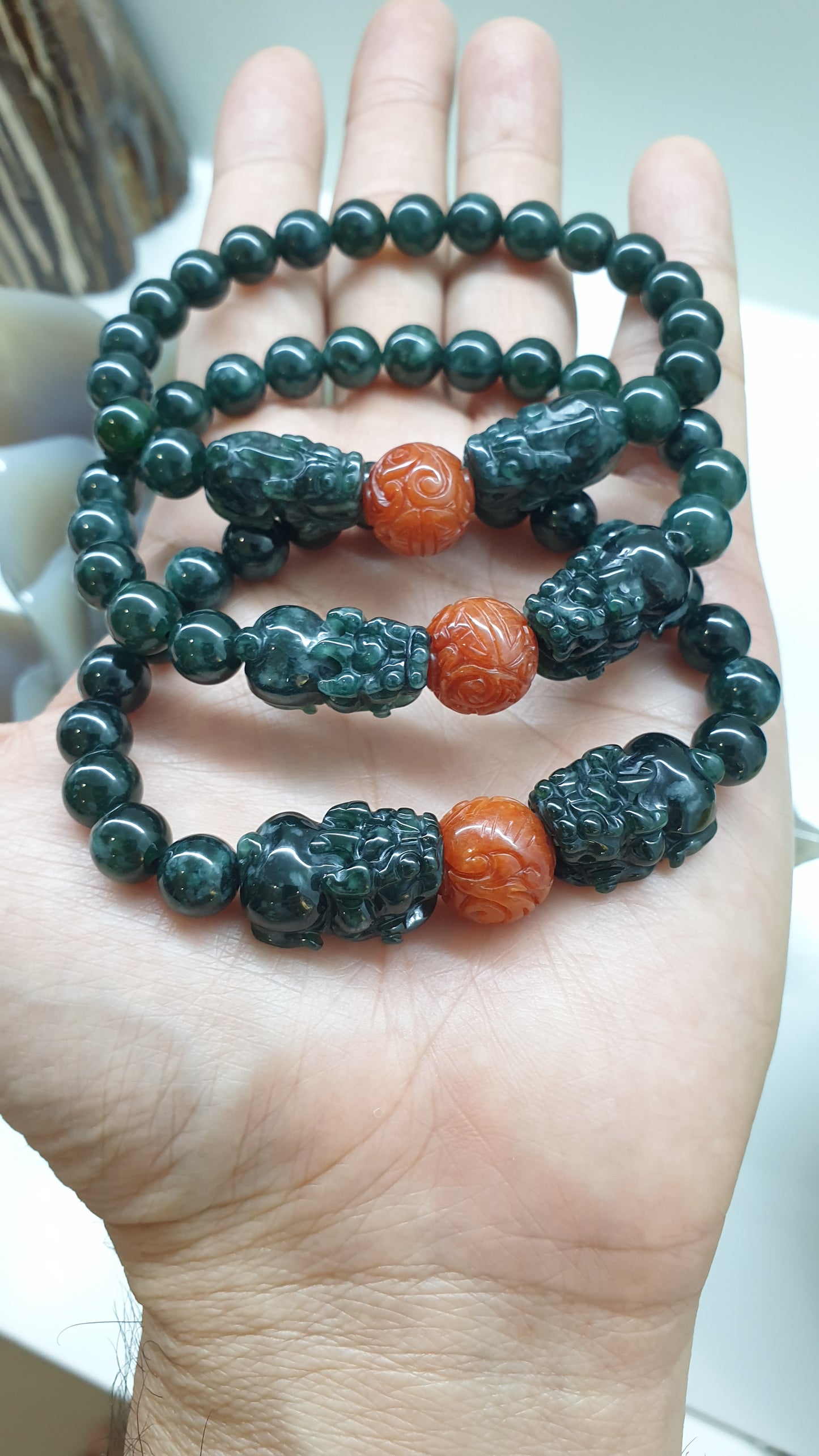 Deep Blue Jade Twin Pixiu + Red RuYi Bead | His or Hers Wealth Magnet Bracelet | Type A Natural Jadeite