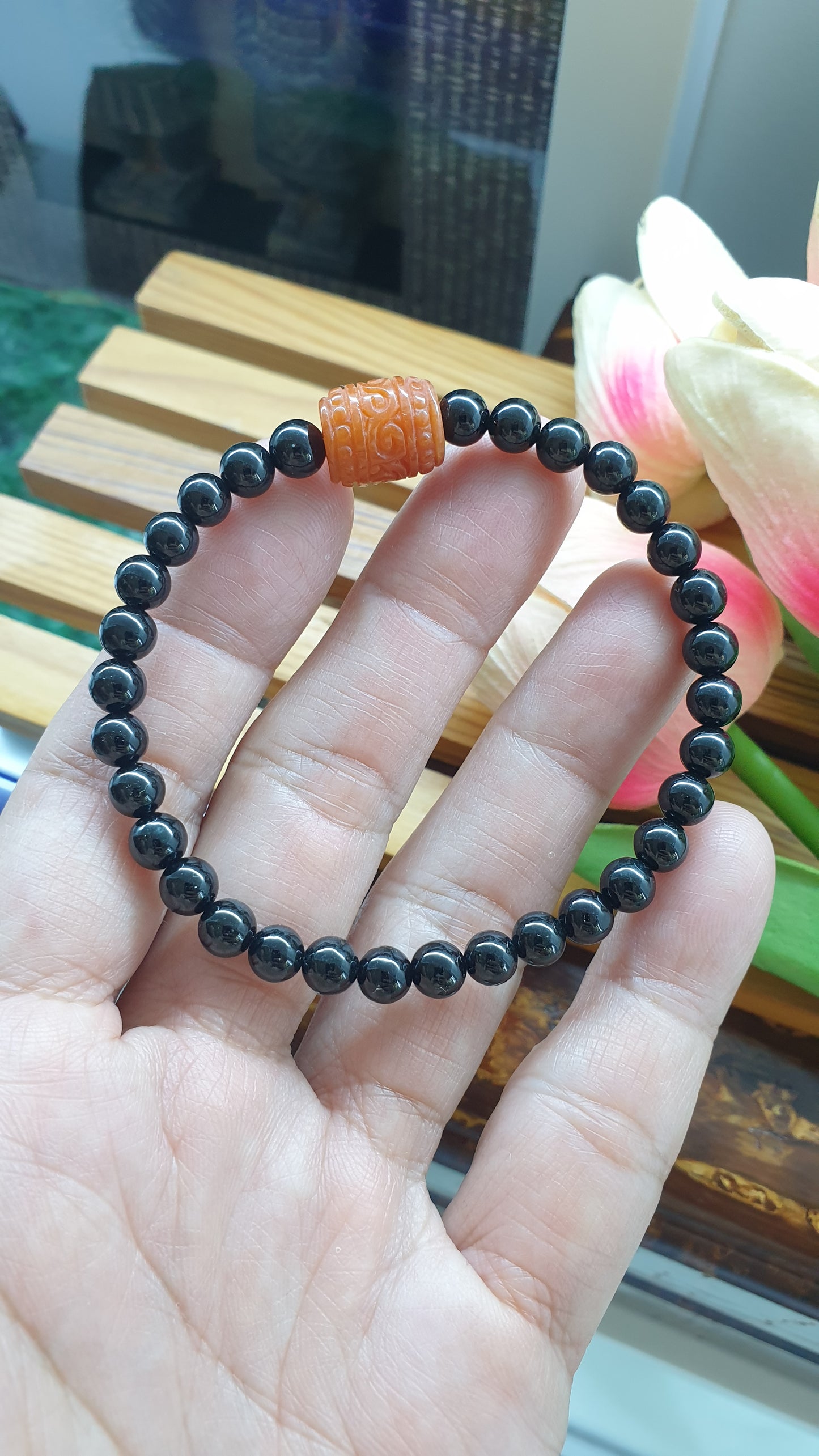 Black Jade Wish Fulfilling Bracelet 17cm Orange Jade Ru Yi Charm Natural Jadeite