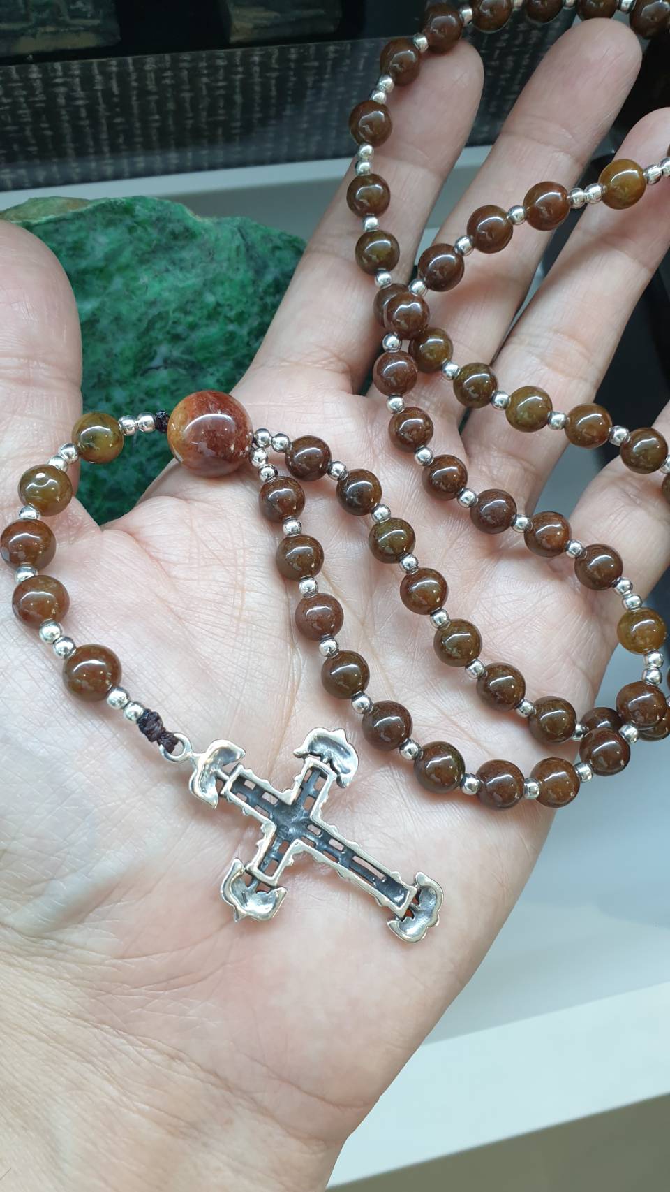 Brown Jade Rosary 27in Type A Natural Myanmar Jadeite Sterling Silver Cross