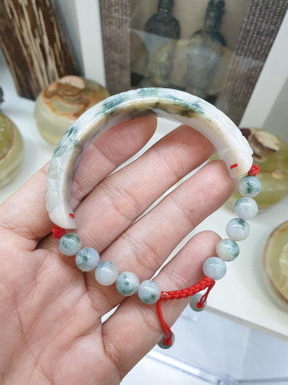 Jade Floral Half Bangle Red Thread Bracelet (Adjustable) | Fei Cui - Type A - Jadeite