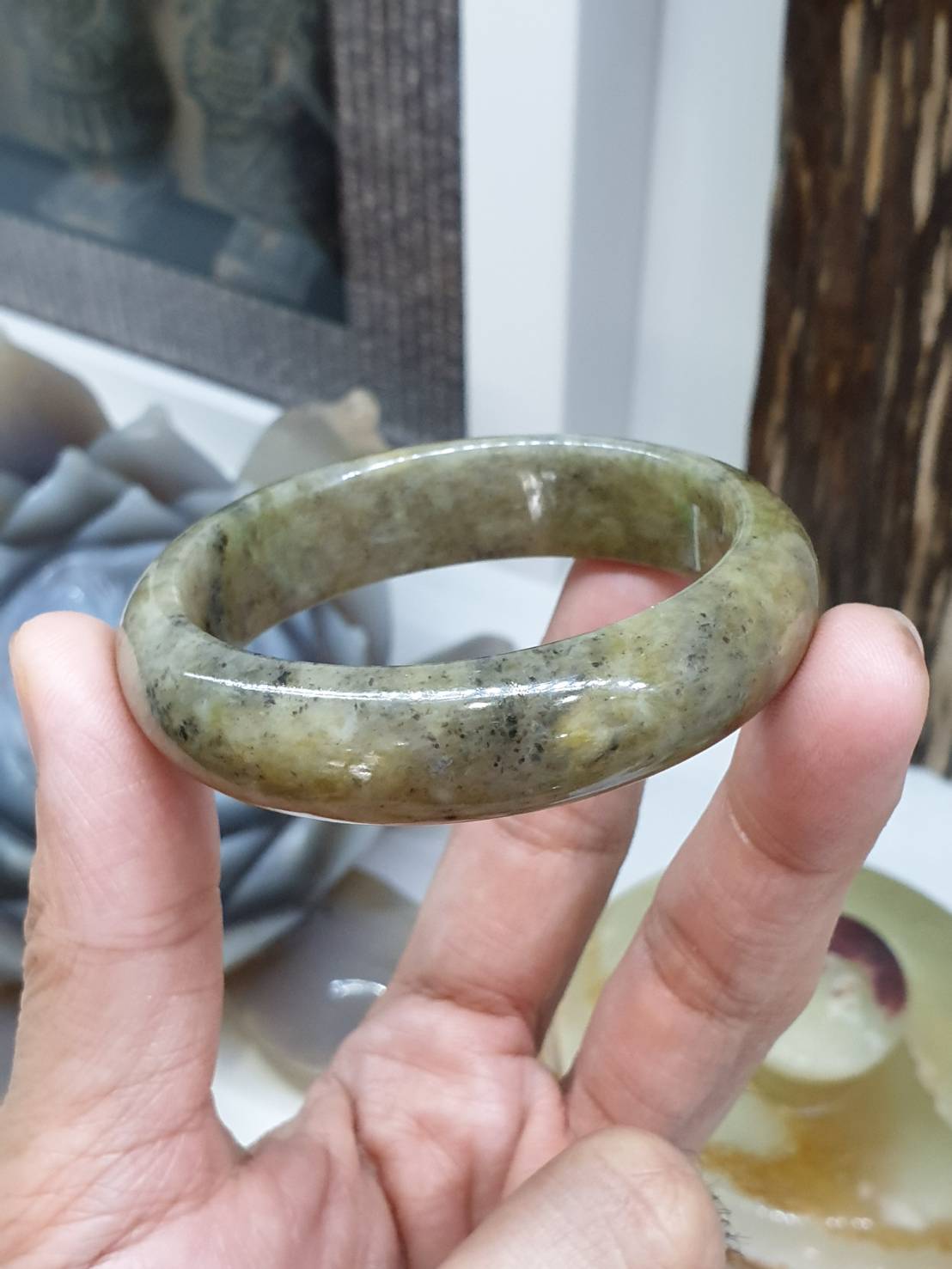 Honey Gray Jade Bangle S53 Speckled Type A Natural Myanmar Jadeite