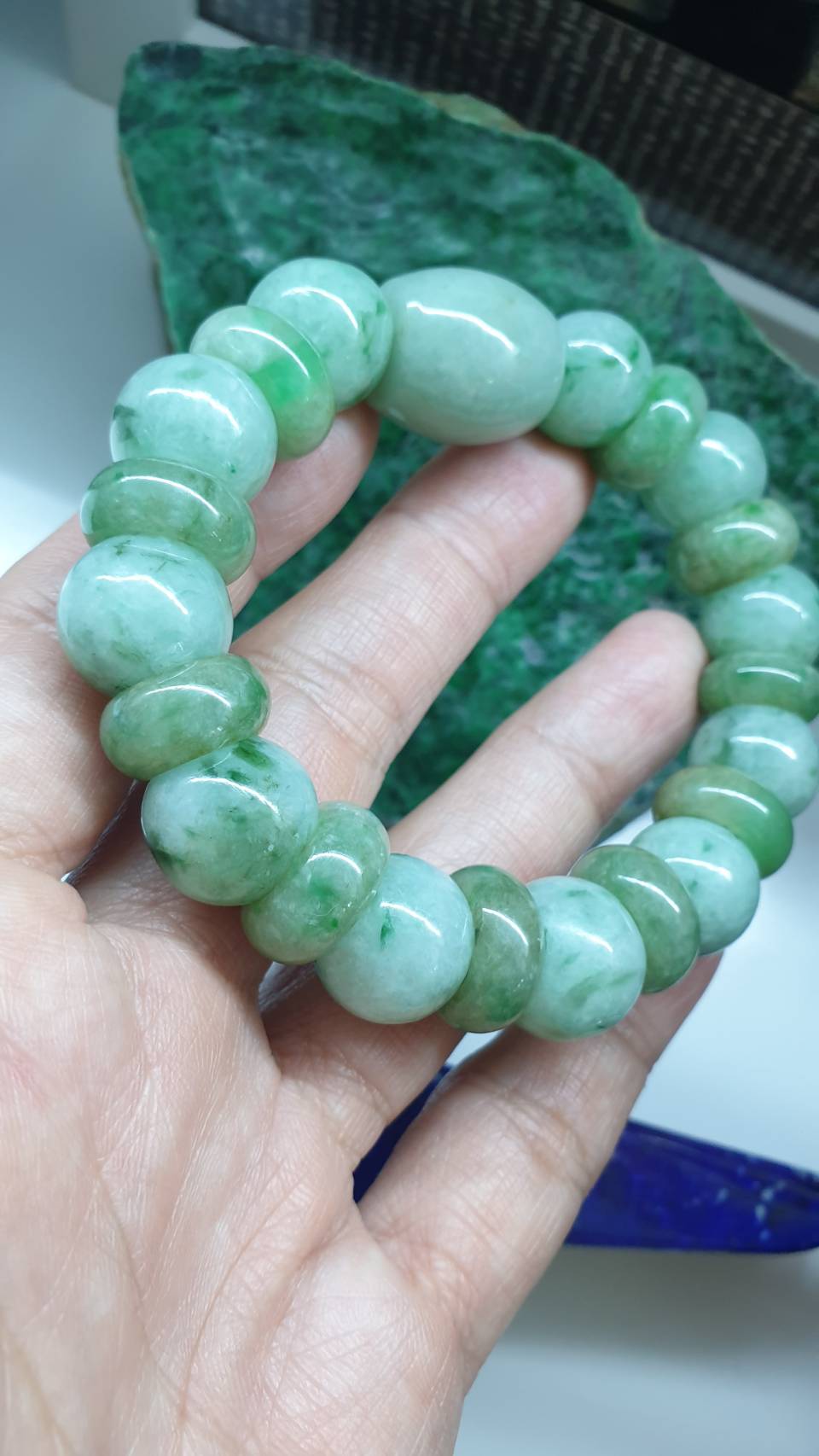 Fei Cui Green Jade Bracelet 17cm Type A Natural Myanmar Jadeite 3 Beads Blend