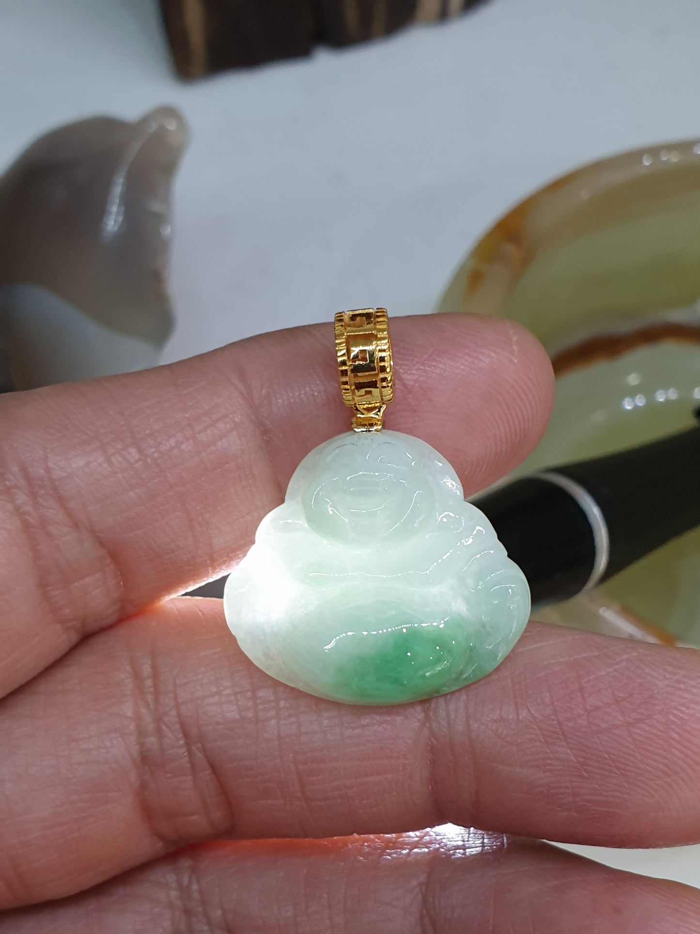 Moss in Snow Jade Happy Buddha Pendant | Solid 18K Gold | Wealth & Fortune Jewelry