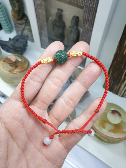 Jade Ru Yi & Gold Pixiu on Red Thread Bracelet (Adjustable) | Pure 24K Gold | Fei Cui - Type A Jadeite