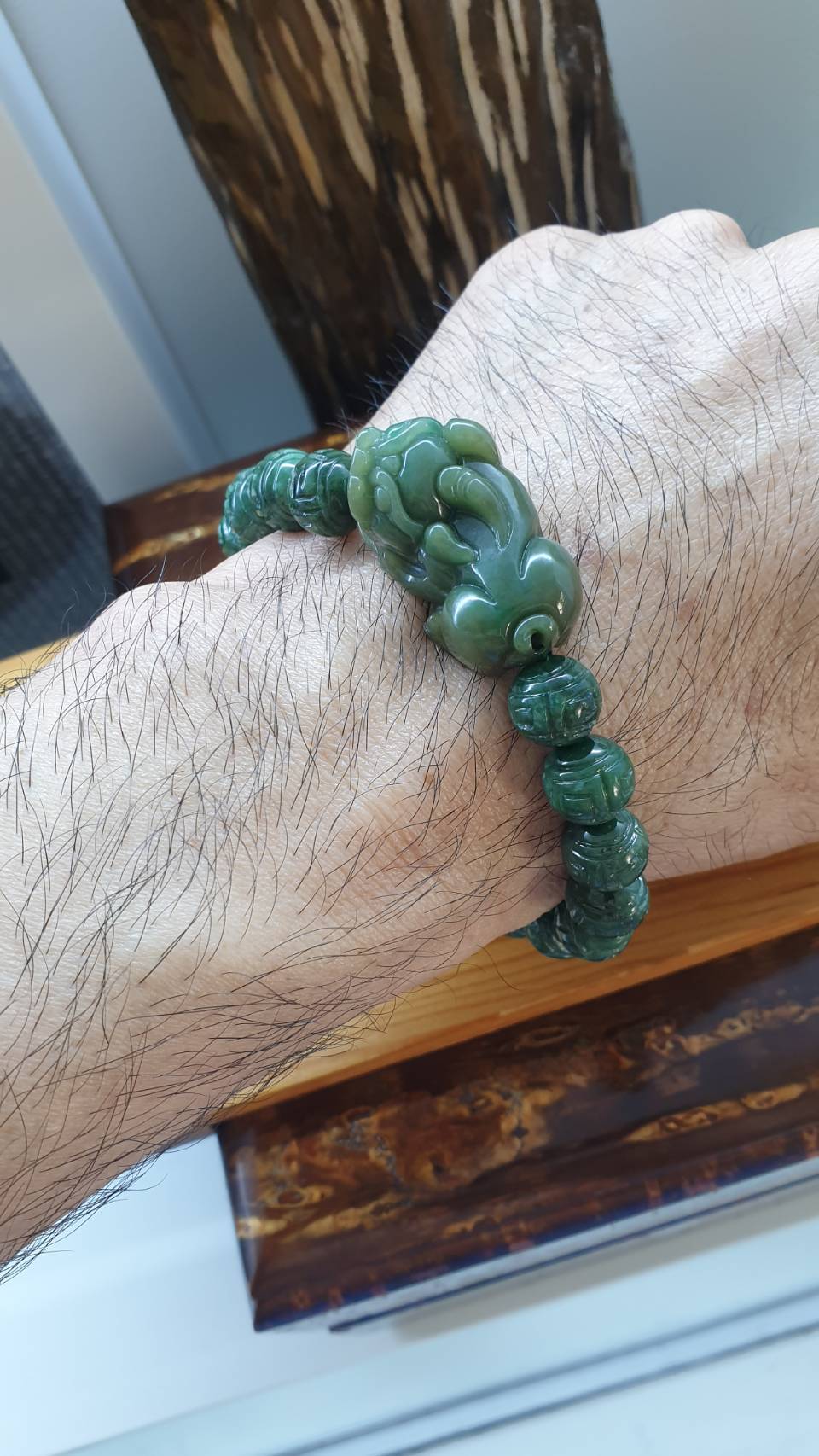 Jade Pixiu on Ru Yi Beads Bracelet 18cm Fei Cui Type A Natural Jadeite