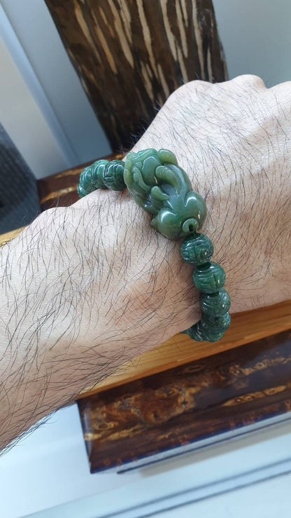 Jade Pixiu on Ru Yi Beads Bracelet 18cm Fei Cui Type A Natural Jadeite