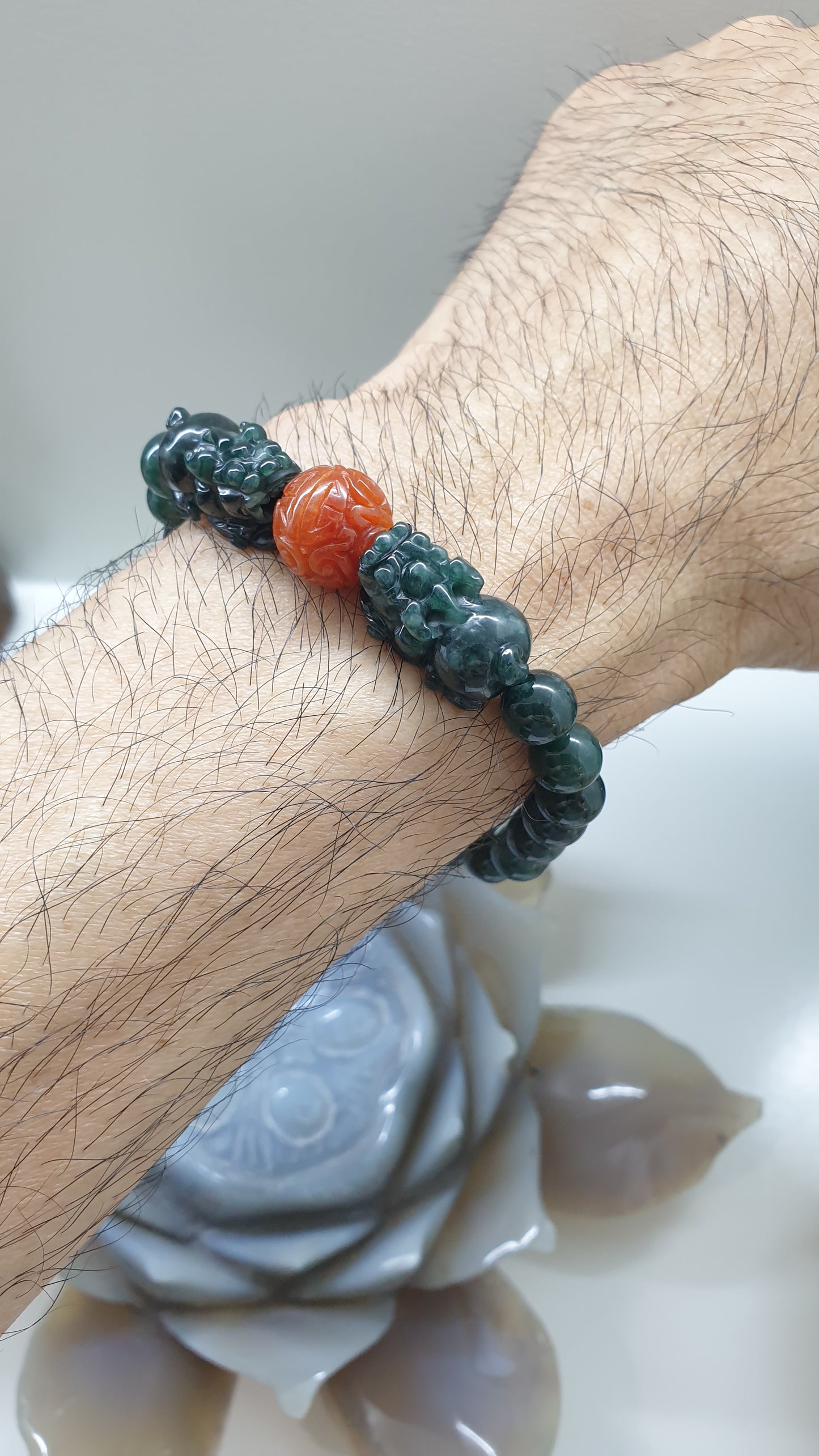 Deep Blue Jade Twin Pixiu + Red RuYi Bead | His or Hers Wealth Magnet Bracelet | Type A Natural Jadeite