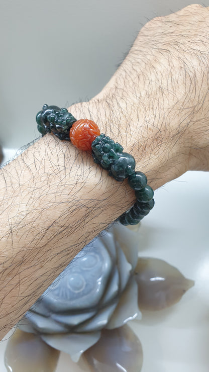 Deep Blue Jade Twin Pixiu + Red RuYi Bead | His or Hers Wealth Magnet Bracelet | Type A Natural Jadeite
