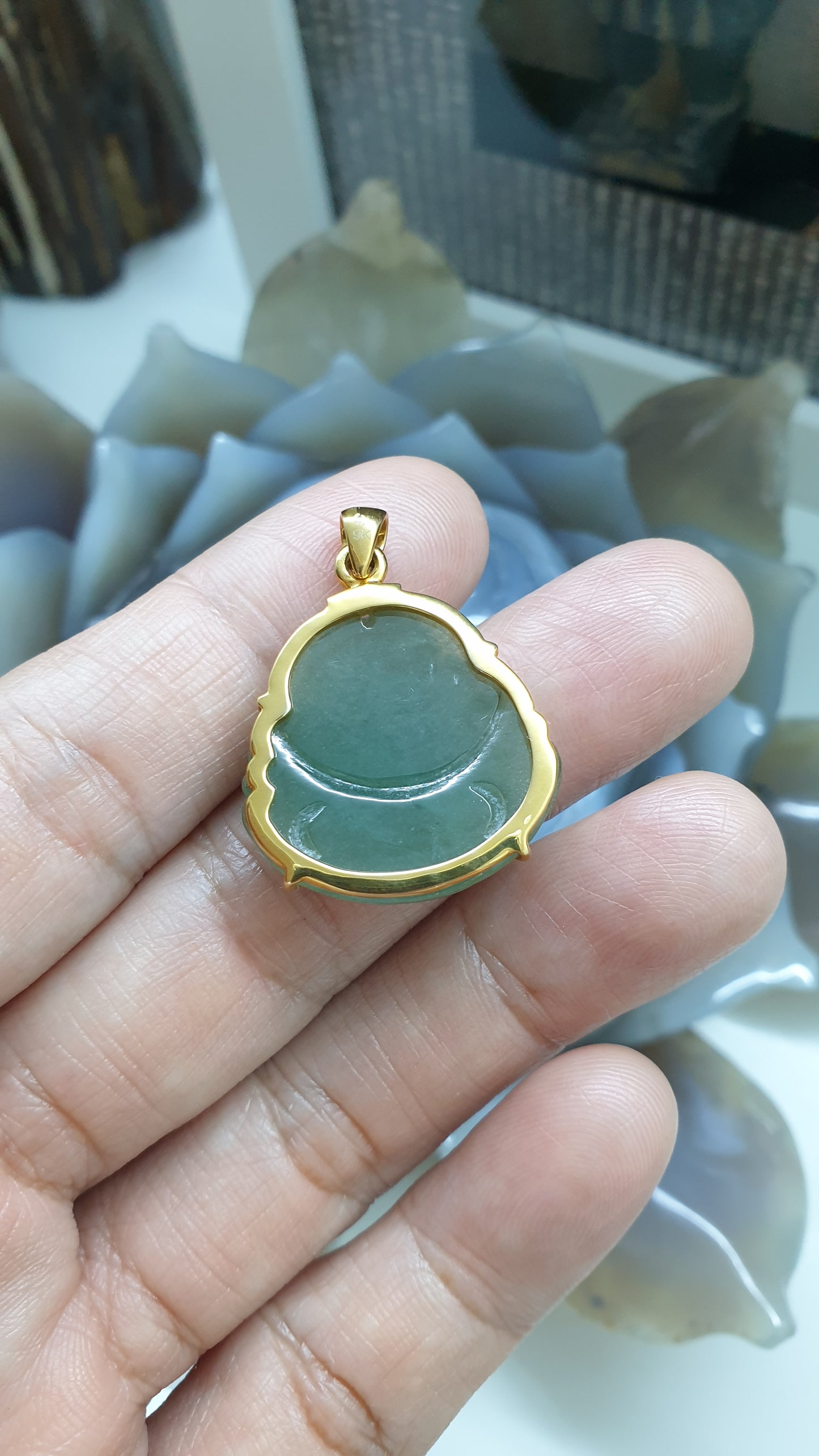 Jade Happy Buddha Pendant | Solid 9K Gold | Wealth & Fortune Jewelry